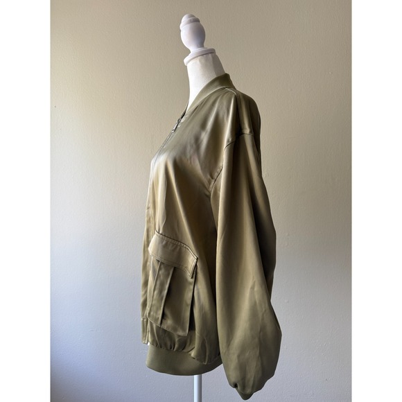 B.young Satin Bomber Jacket Womens 36 Olive Green Full Zip Pockets Lightweight - Picture 3 of 13